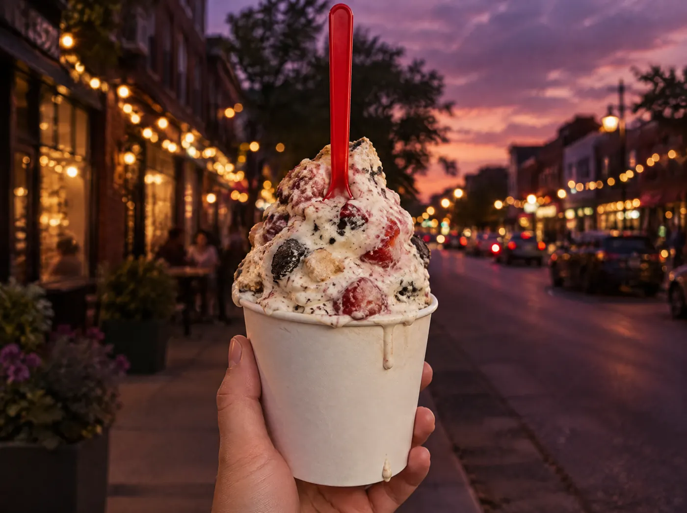 An oat concrete held up on Cherokee Street at dusk