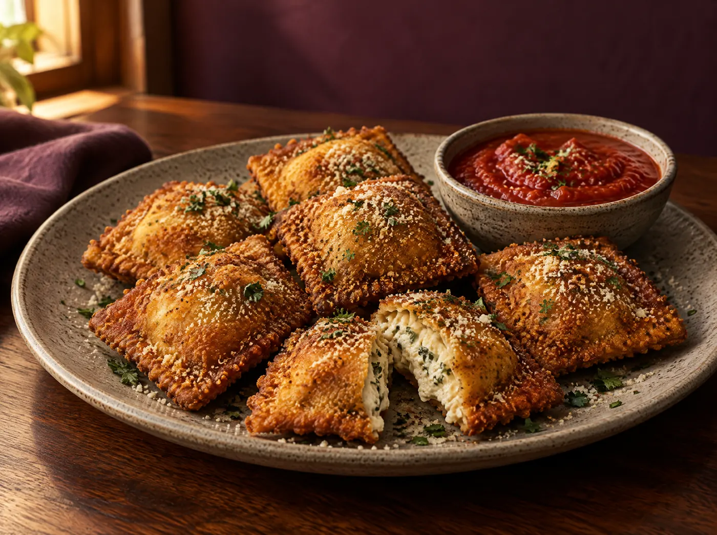 Golden toasted ravioli dusted with cashew parm, one broken open, with a bowl of marinara